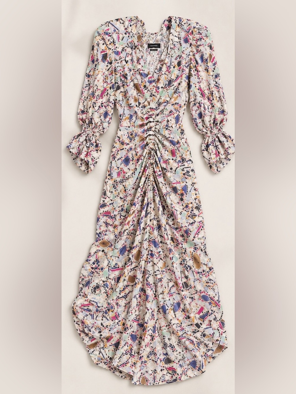 Isabel Marant Albini Abstract Print Ruched Silk Midi Dress White & Multicolor